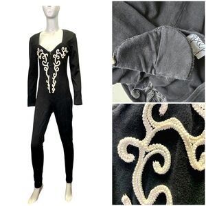 Vintage 90s Black CatSuit | size medium | zip up front | white embroidery